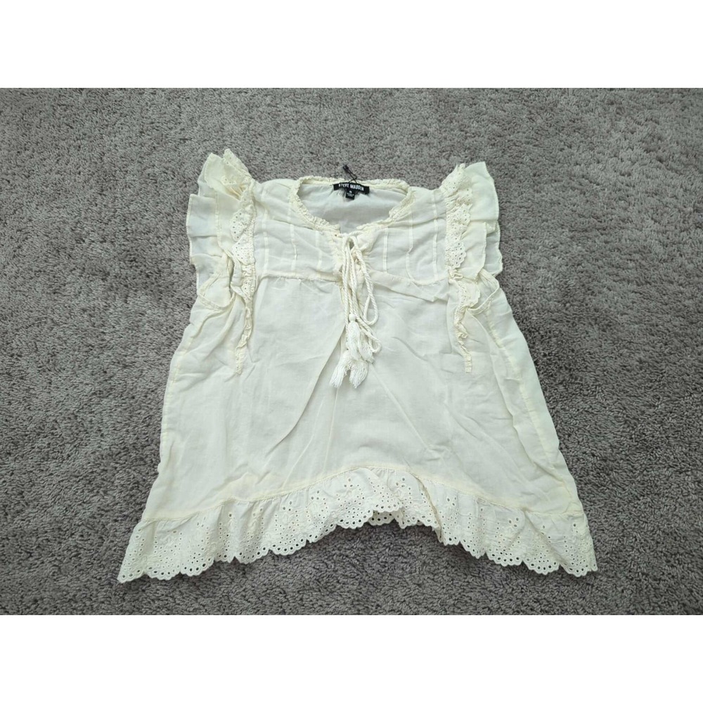 Steve Madden Blouse Womens S Ivory‎ Ruffled Sleeve Lace Up Eyelet Relaxed Boho